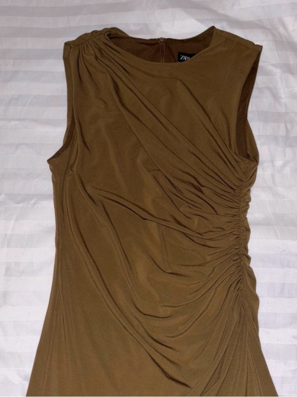 Zara Olive Sleeveless Ruched Mini Dress - Picture 4 of 9